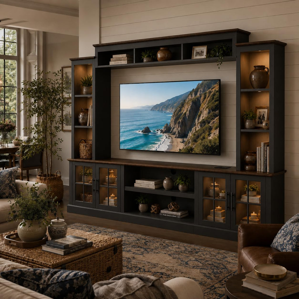 White Farmhouse TV Stand, Entertainment Center, 98" Wall Unit Media Console with Bookshelf, Cabinet & Power Outlets & Barn Doors, Fits TVs Up to 75â for Living Room