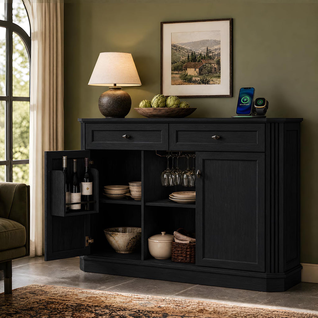 47" Wine Bar Cabinet with LED Light & Power Outlets, 2 Door Coffee Bar Cabinet with 2 Drawers, Sideboard Buffet Cabinet with Storage, Liquor Cabinet for Home Bar, Kitchen Living Room, Walnut Brown