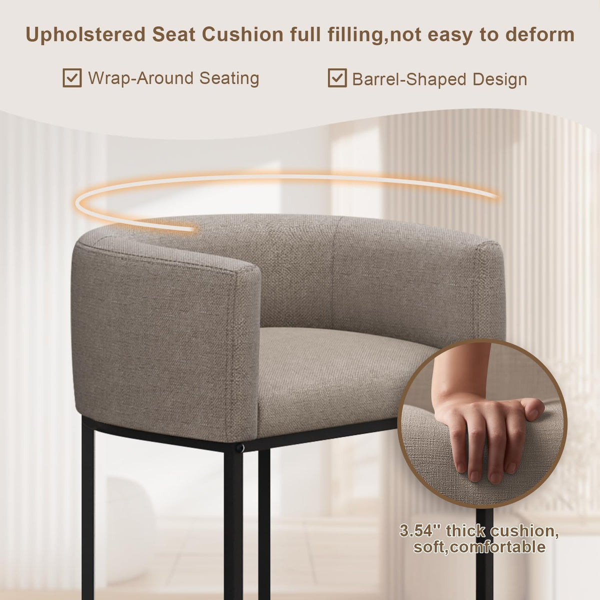 26" H Counter Height Bar Stools Set of 2, Modern Barrel Counter Stools with Backrest and Arms, Linen Fabric Upholstered Accent Barstools for Kitchen Island,Support 450 LBS (Beige)