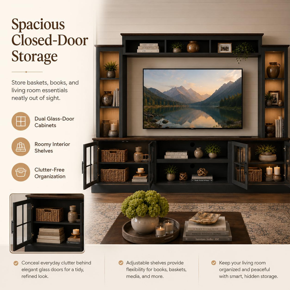 White Farmhouse TV Stand, Entertainment Center, 98" Wall Unit Media Console with Bookshelf, Cabinet & Power Outlets & Barn Doors, Fits TVs Up to 75â for Living Room