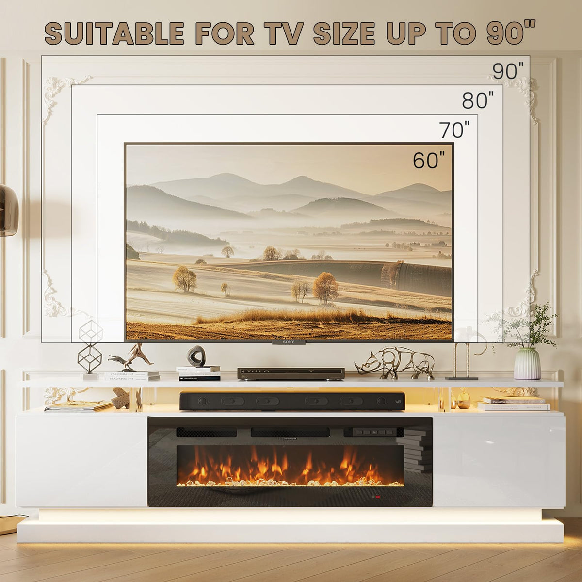 70" Fireplace TV Stand, Modern Entertainment Center