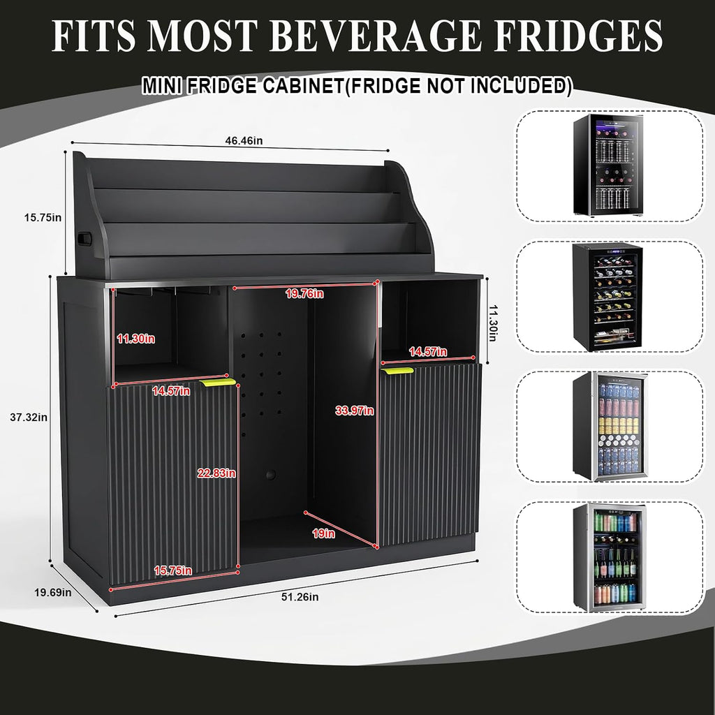 51'' Wine Bar Cabinet with LED Lighted Liquor Bottle Display Shelf,Mini Fridge Cabinet with Storage and Power Outlet,Liquor Coffee Bar Cabinet with Fridge Space,Modern Buffet Cabinet with Wine Rack
