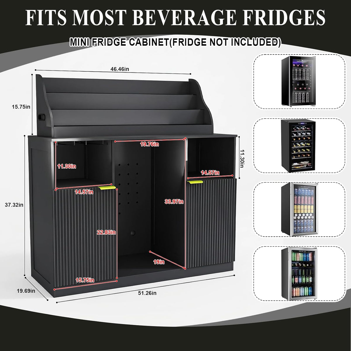 51'' Wine Bar Cabinet with LED Lighted Liquor Bottle Display Shelf,Mini Fridge Cabinet with Storage and Power Outlet,Liquor Coffee Bar Cabinet with Fridge Space,Modern Buffet Cabinet with Wine Rack