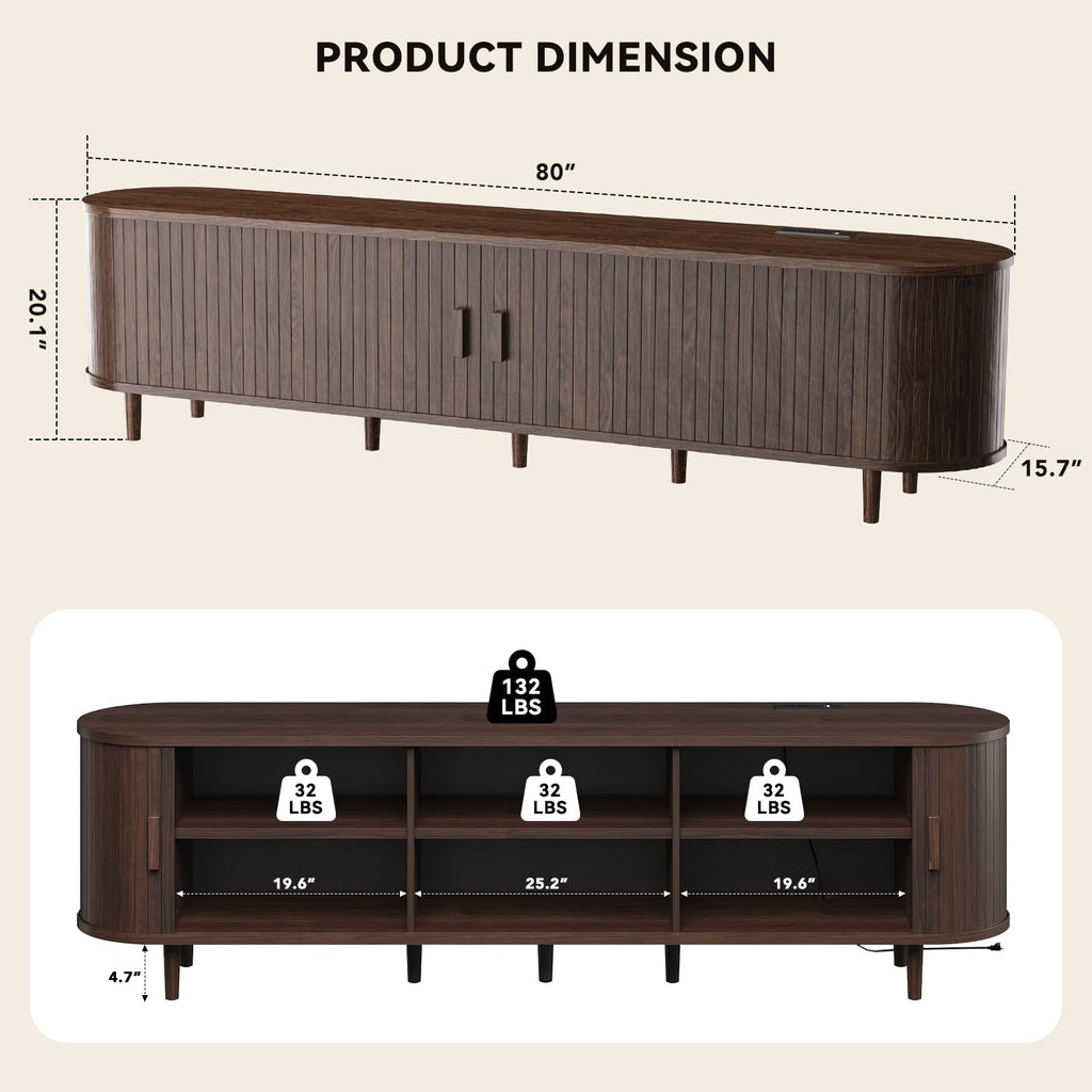 65" Mid Century Modern TV Stand with Power Outlet, Fluted Entertainment Center with Storage and Adjustable Shelves, Wood TV Console with Sliding Doors for Living Room, Walnut