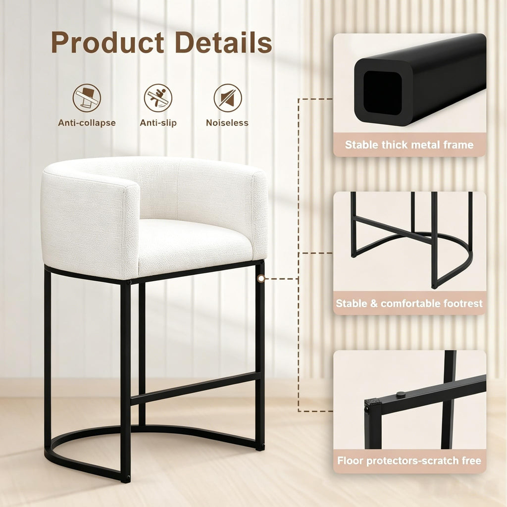 26" H Counter Height Bar Stools Set of 2, Modern Barrel Counter Stools with Backrest and Arms, Linen Fabric Upholstered Accent Barstools for Kitchen Island,Support 450 LBS (Beige)