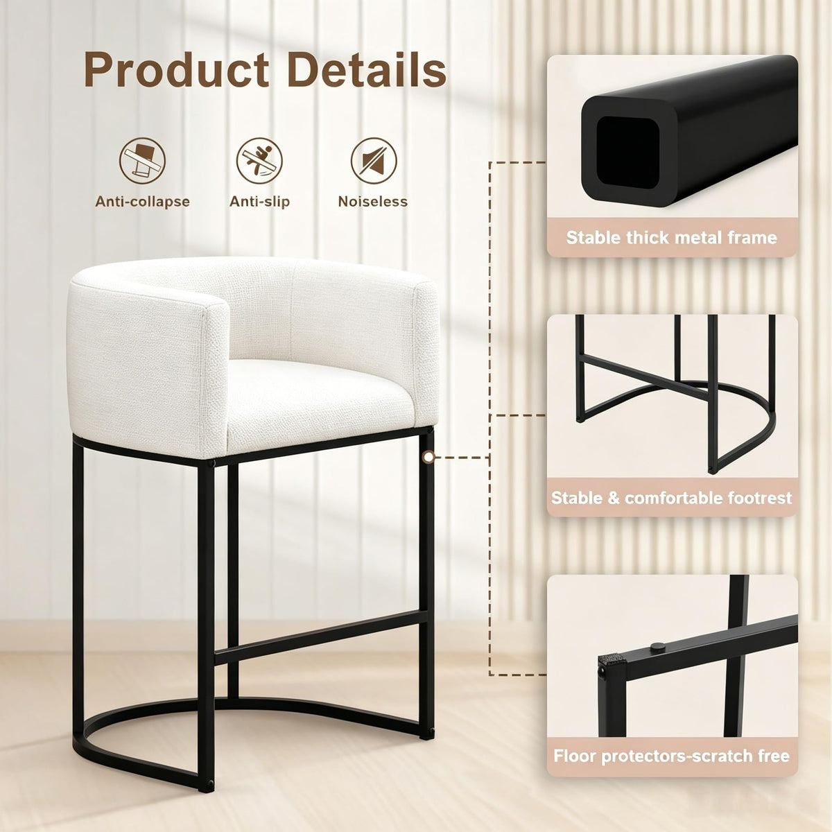 26" H Counter Height Bar Stools Set of 2, Modern Barrel Counter Stools with Backrest and Arms, Linen Fabric Upholstered Accent Barstools for Kitchen Island,Support 450 LBS (Beige)