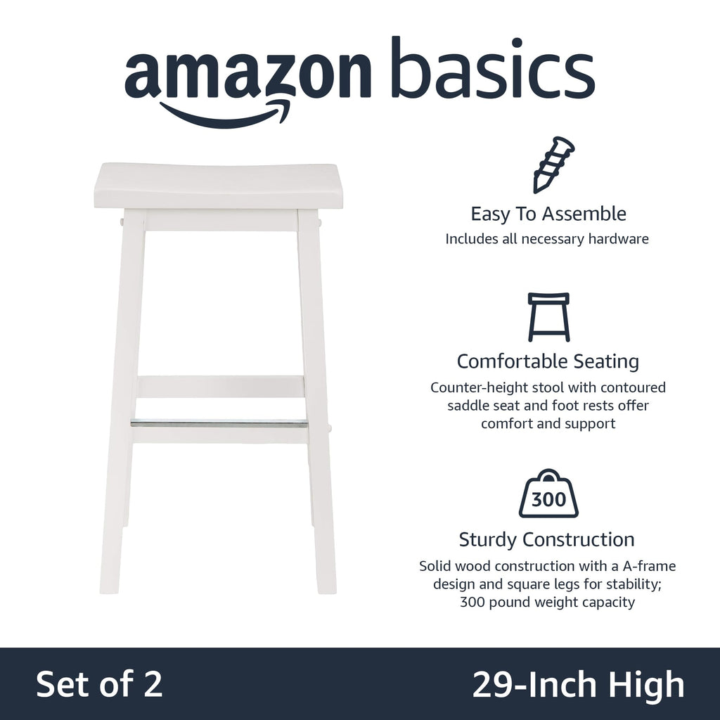 Amazon Basics Solid Wood Saddle-Seat Counter Height Bar Stools for Kitchen Island with Footrest, 24-Inch Height, Walnut, Set of 2