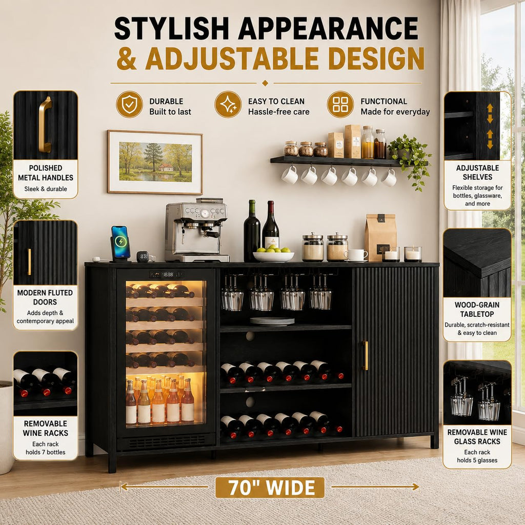 70" Large Coffee Bar Cabinet with Power Outlet, Mini Fridge Cabinet with Adjustable Shelf Wine Rack Glass Holder Liquor Wine Storage, Walnut Fluted Buffet Sideboard Table for Kitchen Dining Room
