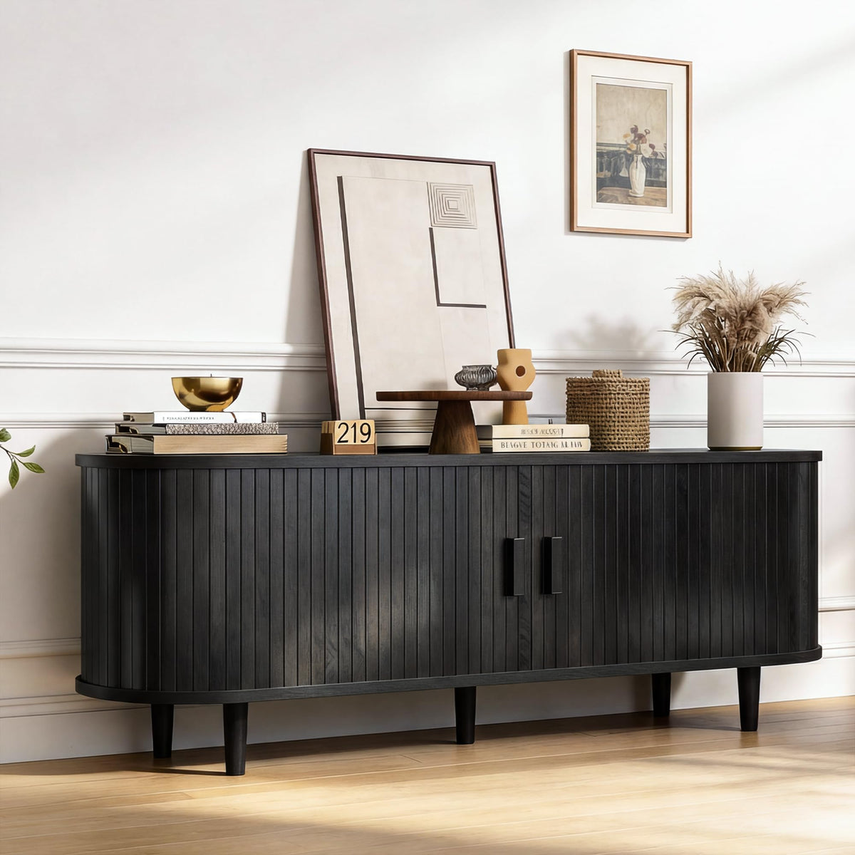 70" Mid Century Modern TV Stand, Wood TV Consoles with Sliding Doors and Power Outlet, Entertainment Center with Adjustable Shelves, Fluted TV Stands for Living Room, Walnut