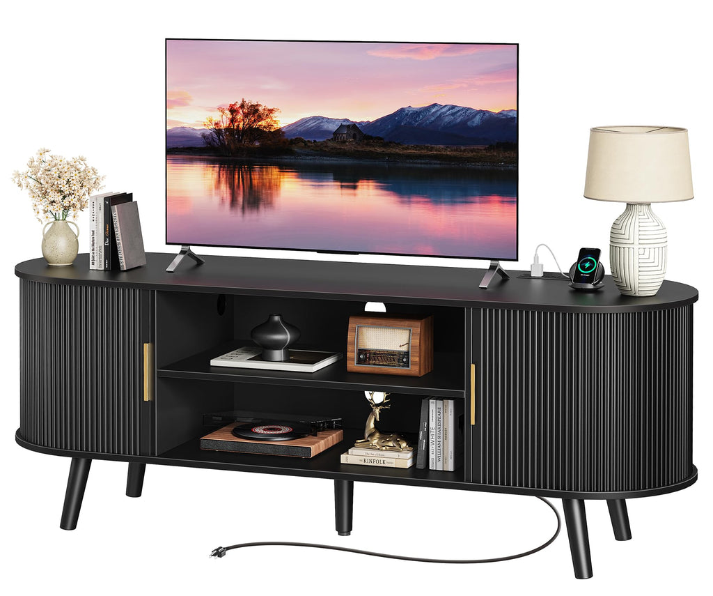 PRAISUN 54 Inch Fluted TV Stand for TVs up to 55 Inch, TV Media Console with Power Outlets and USB-C Port, Entertainment Center with Storage, Curved Sliding Doors, Adjustable Shelf, Brown