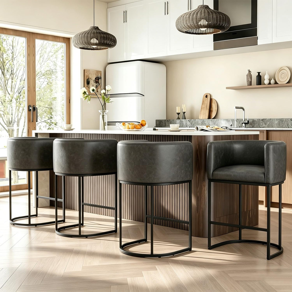 26" H Counter Height Bar Stools Set of 2, Modern Barrel Counter Stools with Backrest and Arms, Linen Fabric Upholstered Accent Barstools for Kitchen Island,Support 450 LBS (Beige)