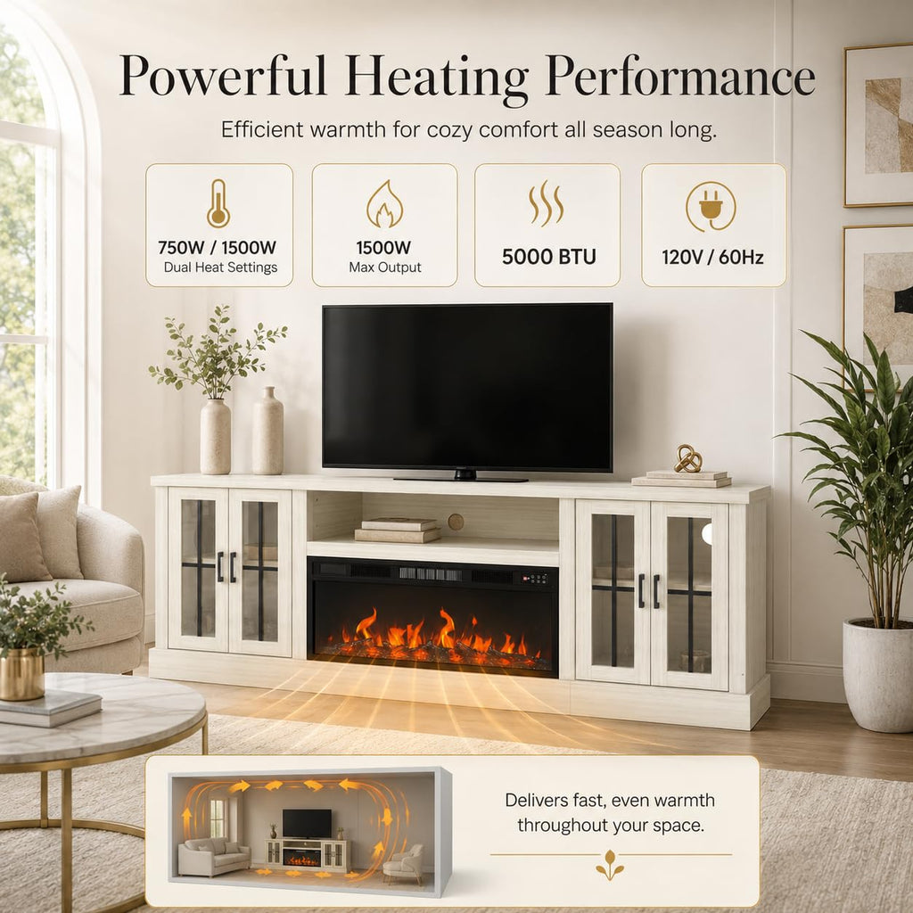 White Farmhouse TV Stand, Entertainment Center, 98" Wall Unit Media Console with Bookshelf, Cabinet & Power Outlets & Barn Doors, Fits TVs Up to 75â for Living Room