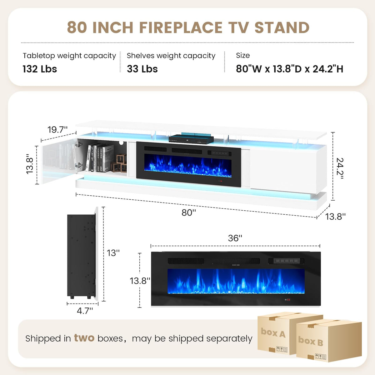 70" Fireplace TV Stand, Modern Entertainment Center