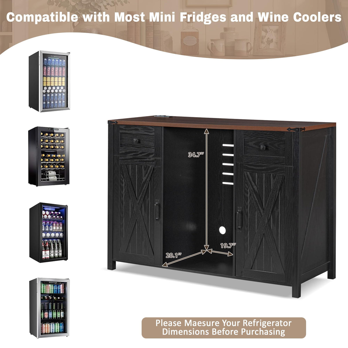 53.2" Farmhouse Fridge Cabinet, Coffee Bar Cabinet, Black