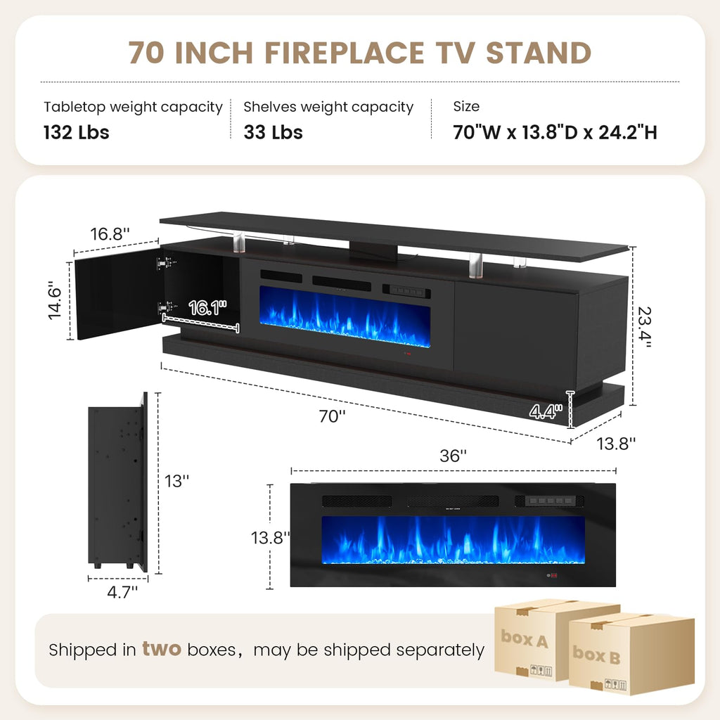 70" Fireplace TV Stand, Modern Entertainment Center