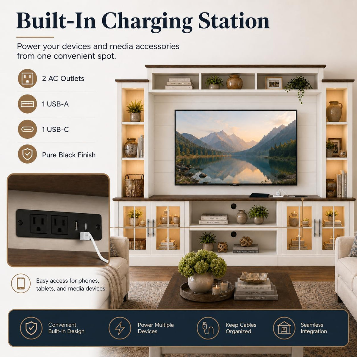 White Farmhouse TV Stand, Entertainment Center, 98" Wall Unit Media Console with Bookshelf, Cabinet & Power Outlets & Barn Doors, Fits TVs Up to 75â for Living Room