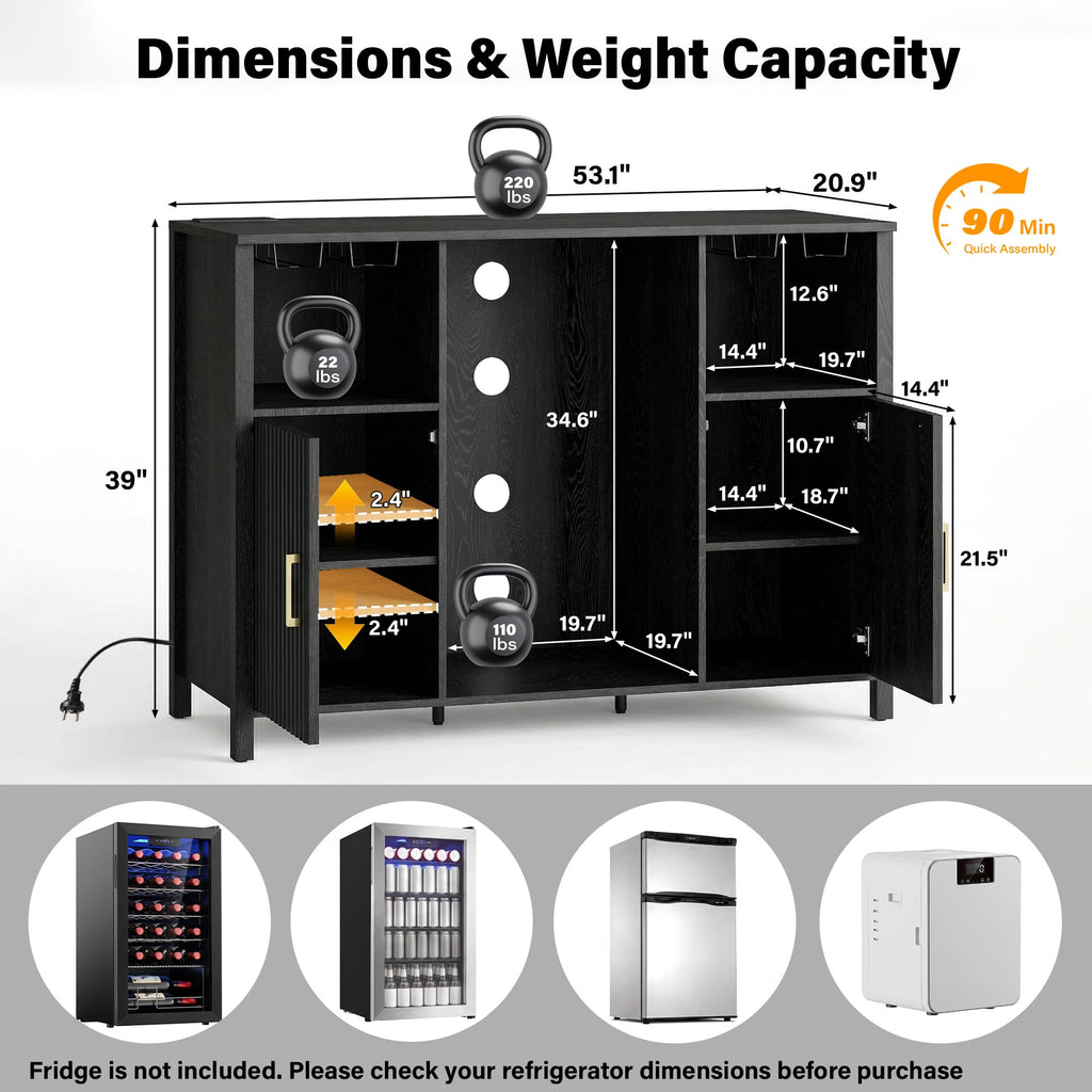 70" Large Coffee Bar Cabinet with Power Outlet, Mini Fridge Cabinet with Adjustable Shelf Wine Rack Glass Holder Liquor Wine Storage, Walnut Fluted Buffet Sideboard Table for Kitchen Dining Room