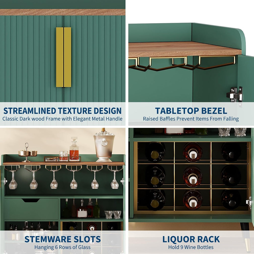 32" Fluted Bar Cabinet with Wine Rack, Green Liquor Wine Cabinet, Green