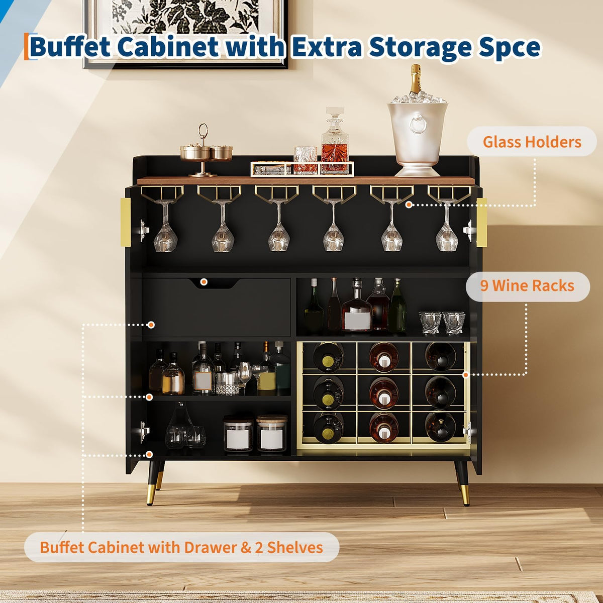 32" Fluted Bar Cabinet with Wine Rack, Green Liquor Wine Cabinet, Green