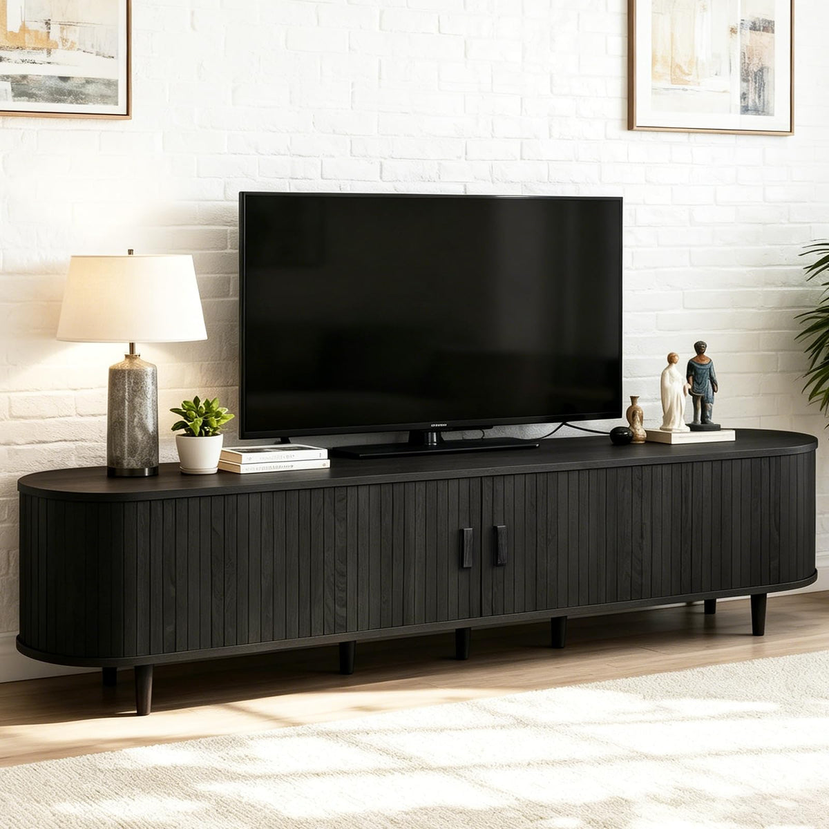 70" Mid Century Modern TV Stand, Wood TV Consoles with Sliding Doors and Power Outlet, Entertainment Center with Adjustable Shelves, Fluted TV Stands for Living Room, Walnut