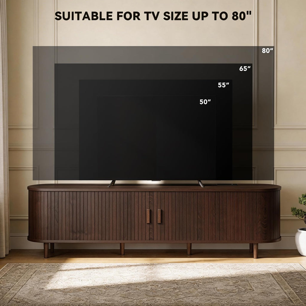 65" Mid Century Modern TV Stand with Power Outlet, Fluted Entertainment Center with Storage and Adjustable Shelves, Wood TV Console with Sliding Doors for Living Room, Walnut