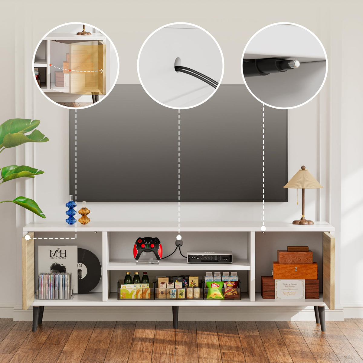 JUMMICO TV Stand for 65 Inch TV, Sliding Barn Doors, Bright White