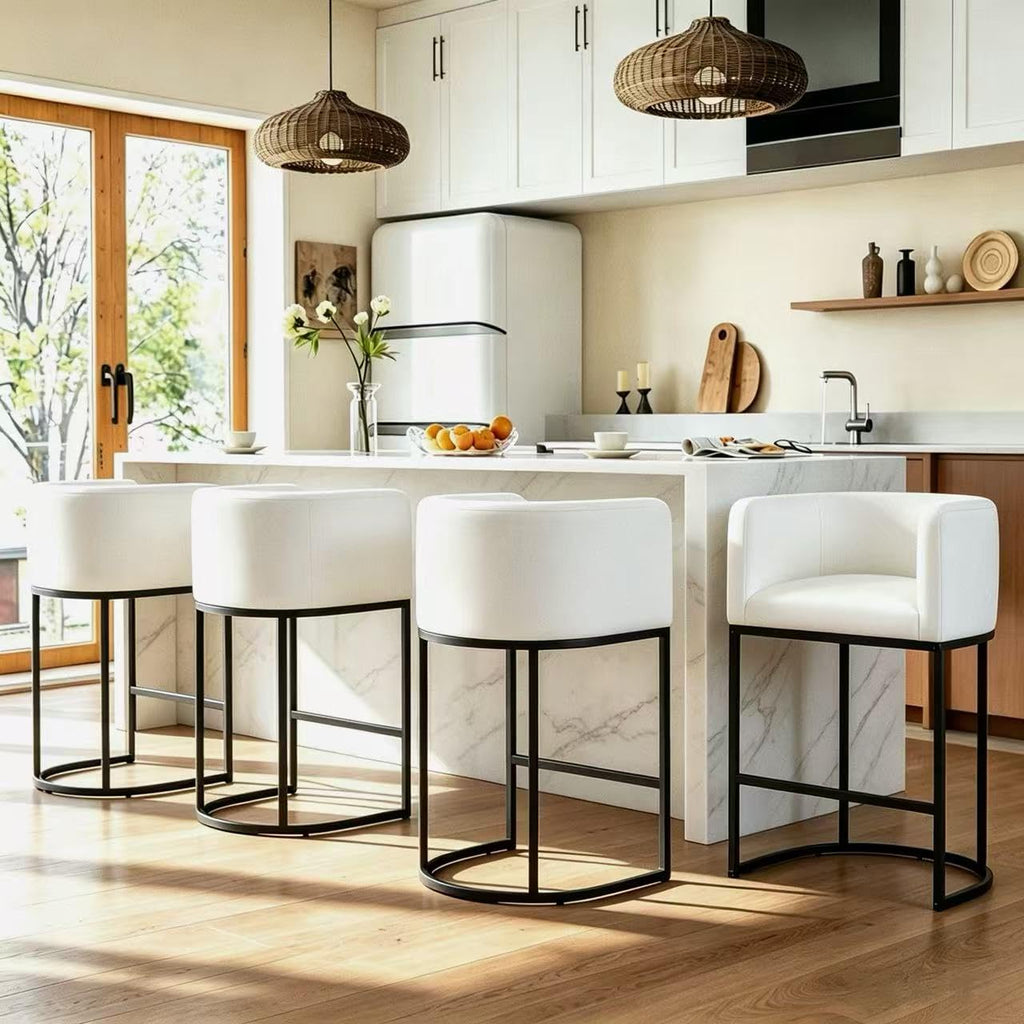 26" H Counter Height Bar Stools Set of 2, Modern Barrel Counter Stools with Backrest and Arms, Linen Fabric Upholstered Accent Barstools for Kitchen Island,Support 450 LBS (Beige)