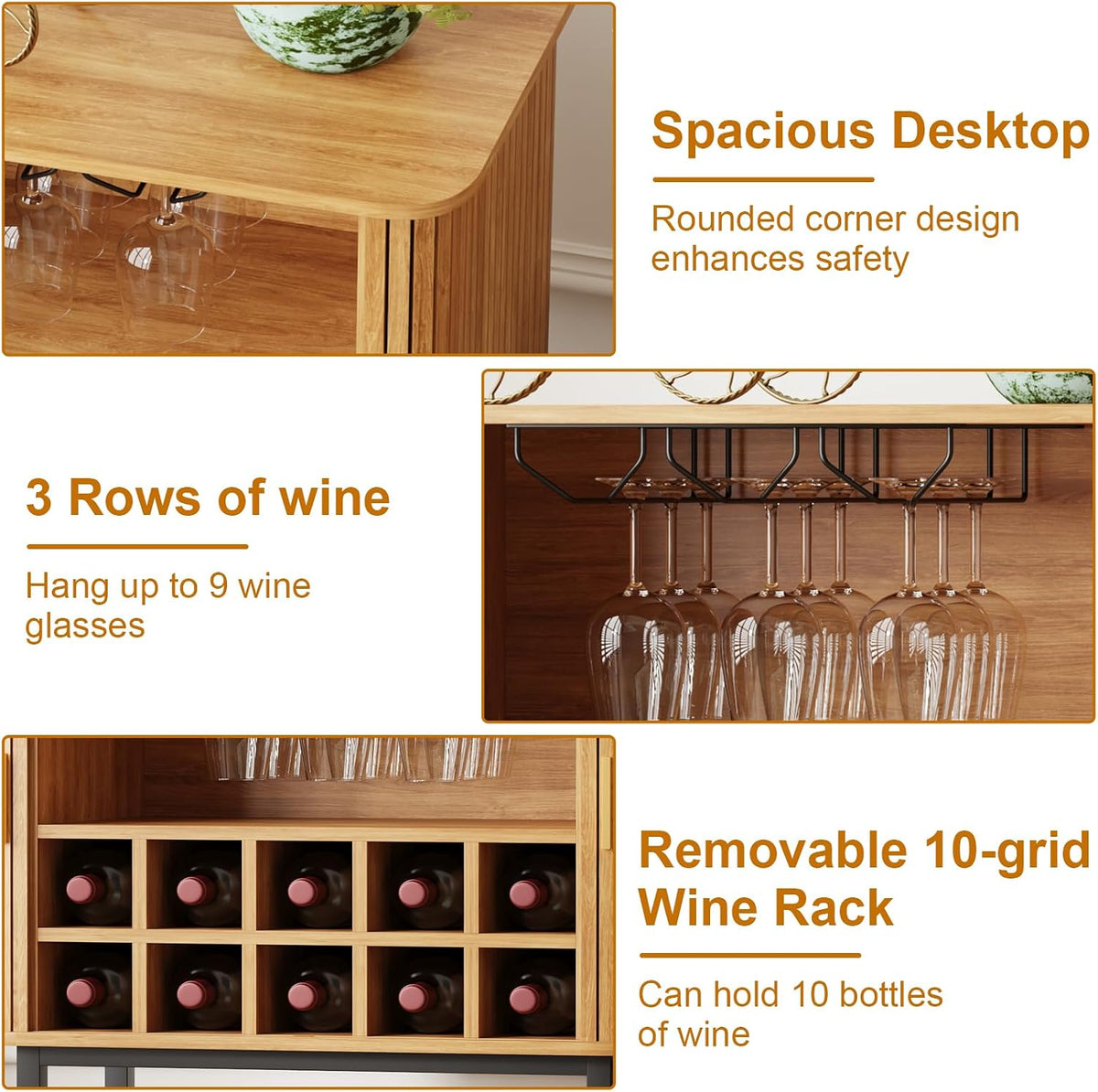 36'' Fluted Wine Bar Cabinet with Storage & Sliding Door Oak