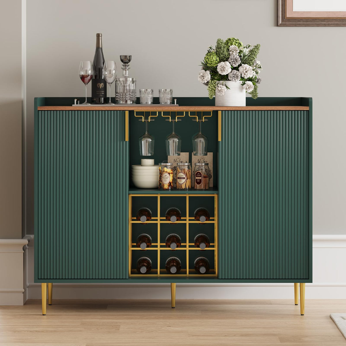 ARTPOWER 48" Wine Bar Cabinet with Fluted Texture, Buffet Sideboard, Black