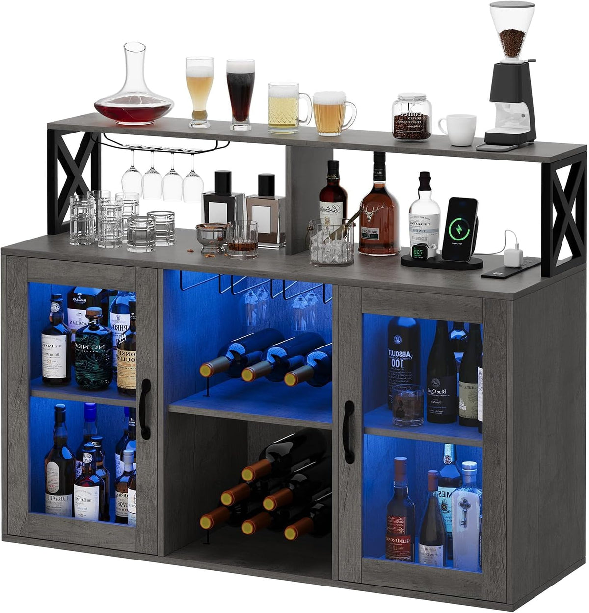 47" Wine Cabinet with LED Light, Home Coffee Cabinet with Wine Rack and Glass Holder, Coffee Bar Buffet Sideboard Storage with Power Outlets, for Living Room, Dining Room, Grey