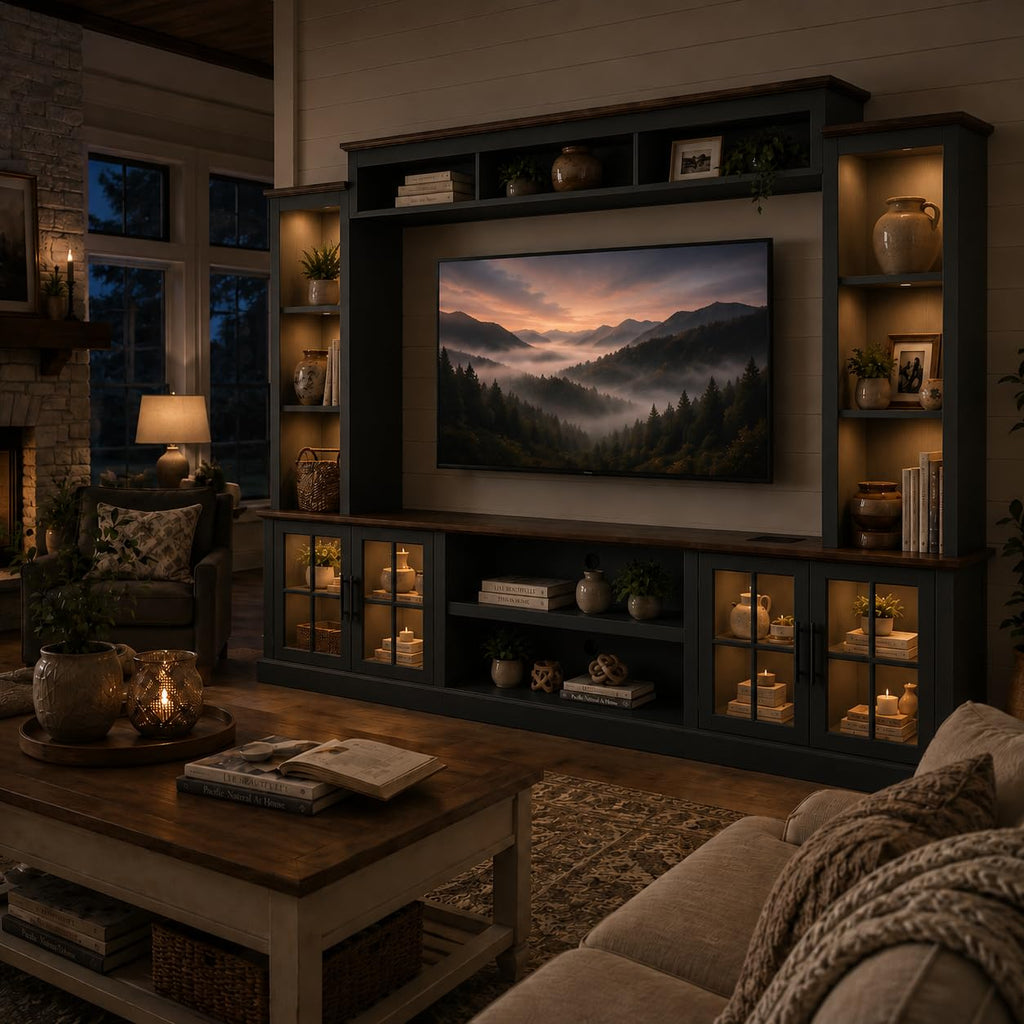 White Farmhouse TV Stand, Entertainment Center, 98" Wall Unit Media Console with Bookshelf, Cabinet & Power Outlets & Barn Doors, Fits TVs Up to 75â for Living Room
