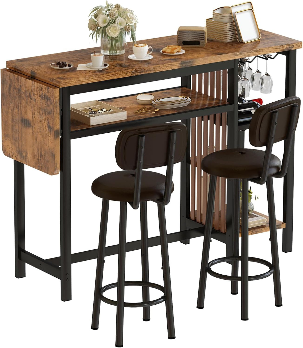Bar Table and Chairs Set, 59'' Counter Height Dining Table Set with Storage