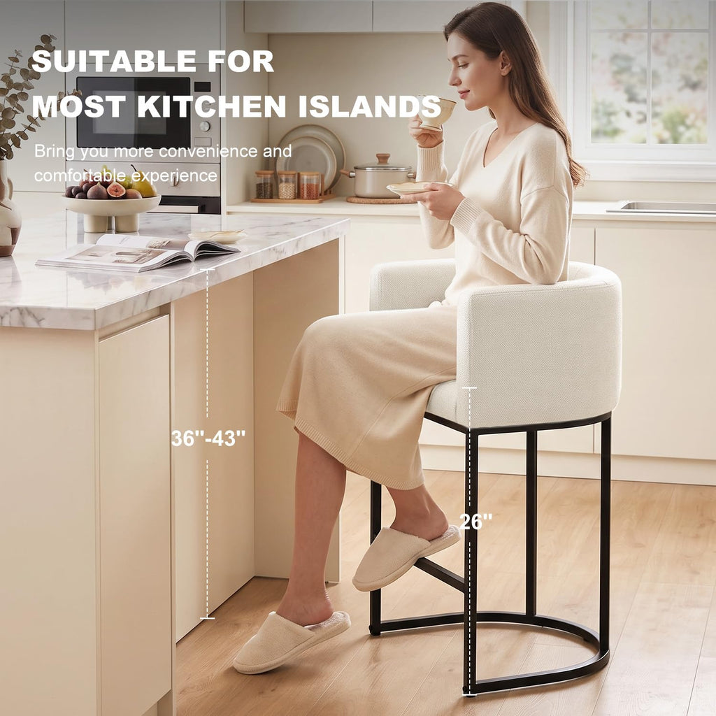26" H Counter Height Bar Stools Set of 2, Modern Barrel Counter Stools with Backrest and Arms, Linen Fabric Upholstered Accent Barstools for Kitchen Island,Support 450 LBS (Beige)