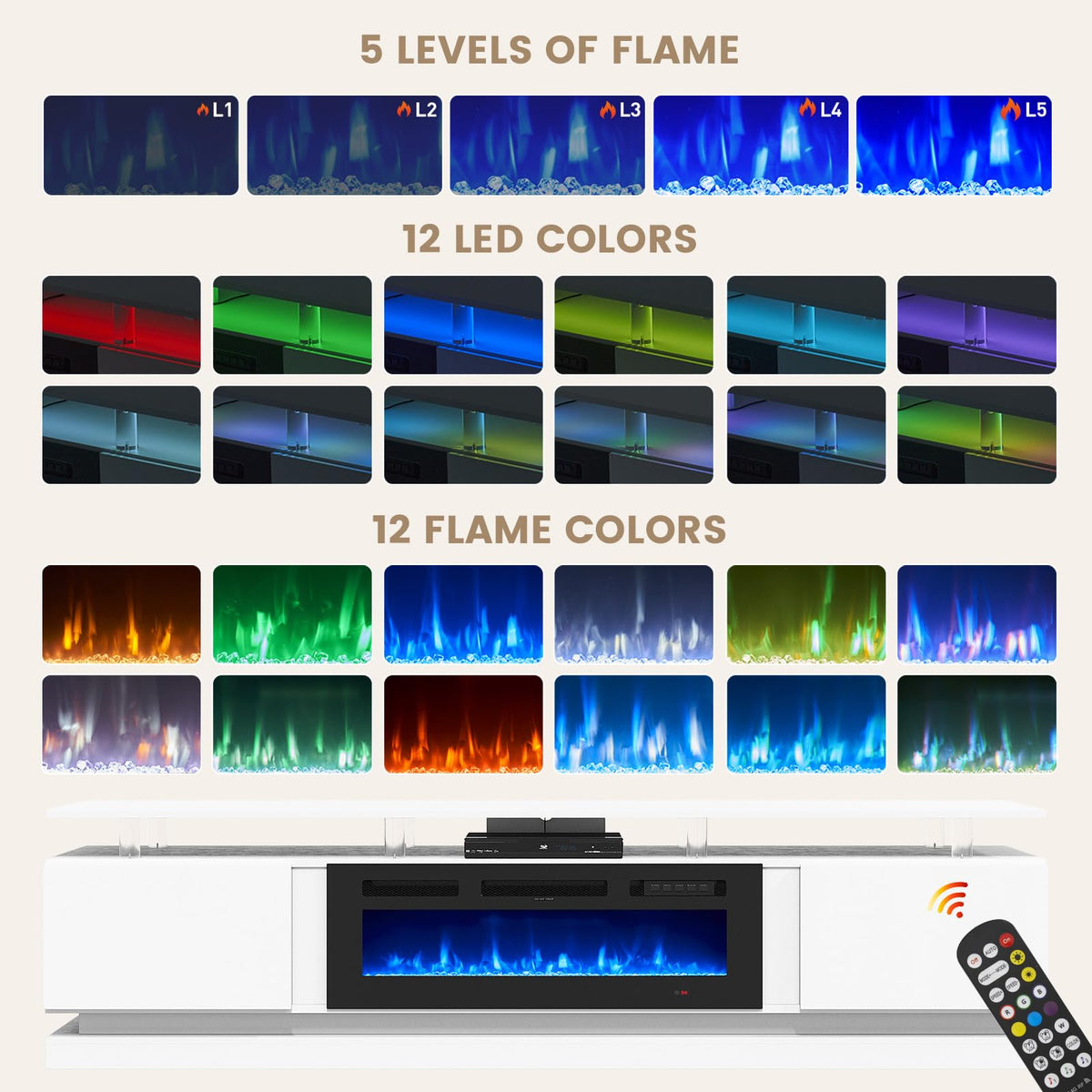 70" Fireplace TV Stand, Modern Entertainment Center