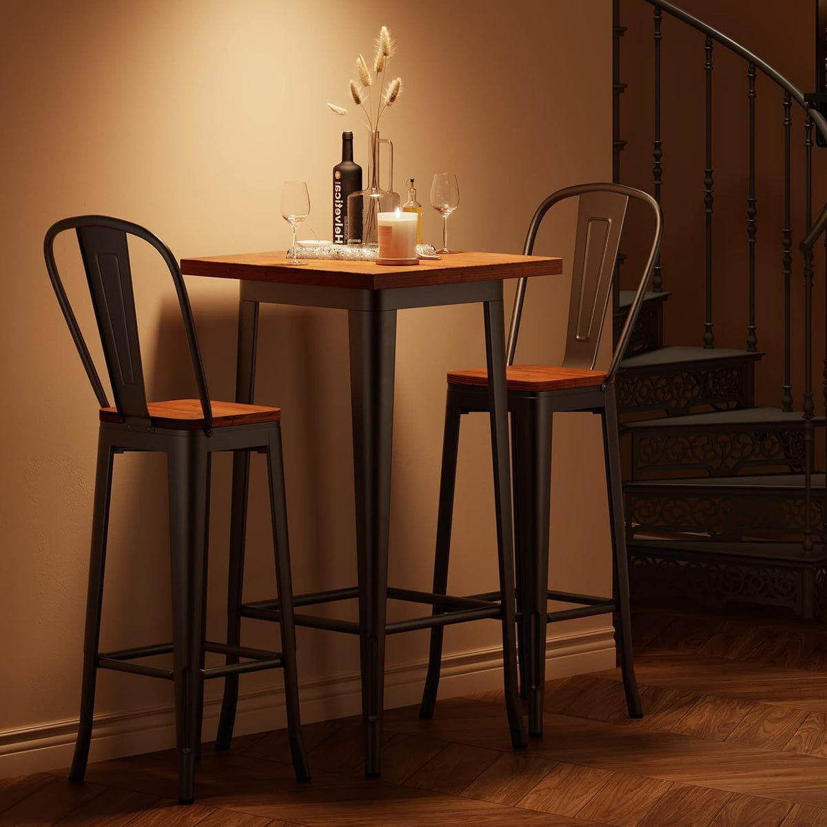 Aiho Bar Table and Chairs Set, Pub Table and Chairs Set of 2, with Elm Solid Wood and Thickened Metal Frame, for Bar, Small Space, Bistro Cafe