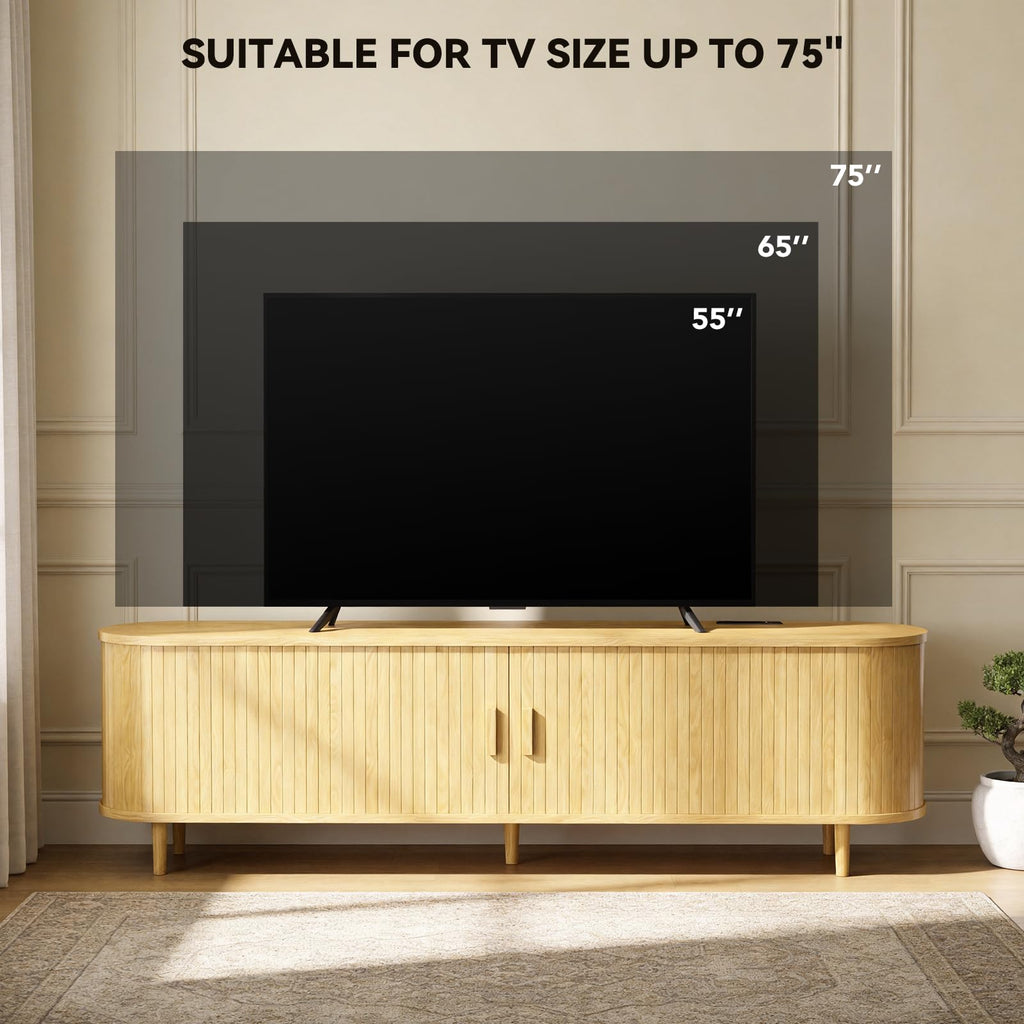 65" Mid Century Modern TV Stand with Power Outlet, Fluted Entertainment Center with Storage and Adjustable Shelves, Wood TV Console with Sliding Doors for Living Room, Walnut
