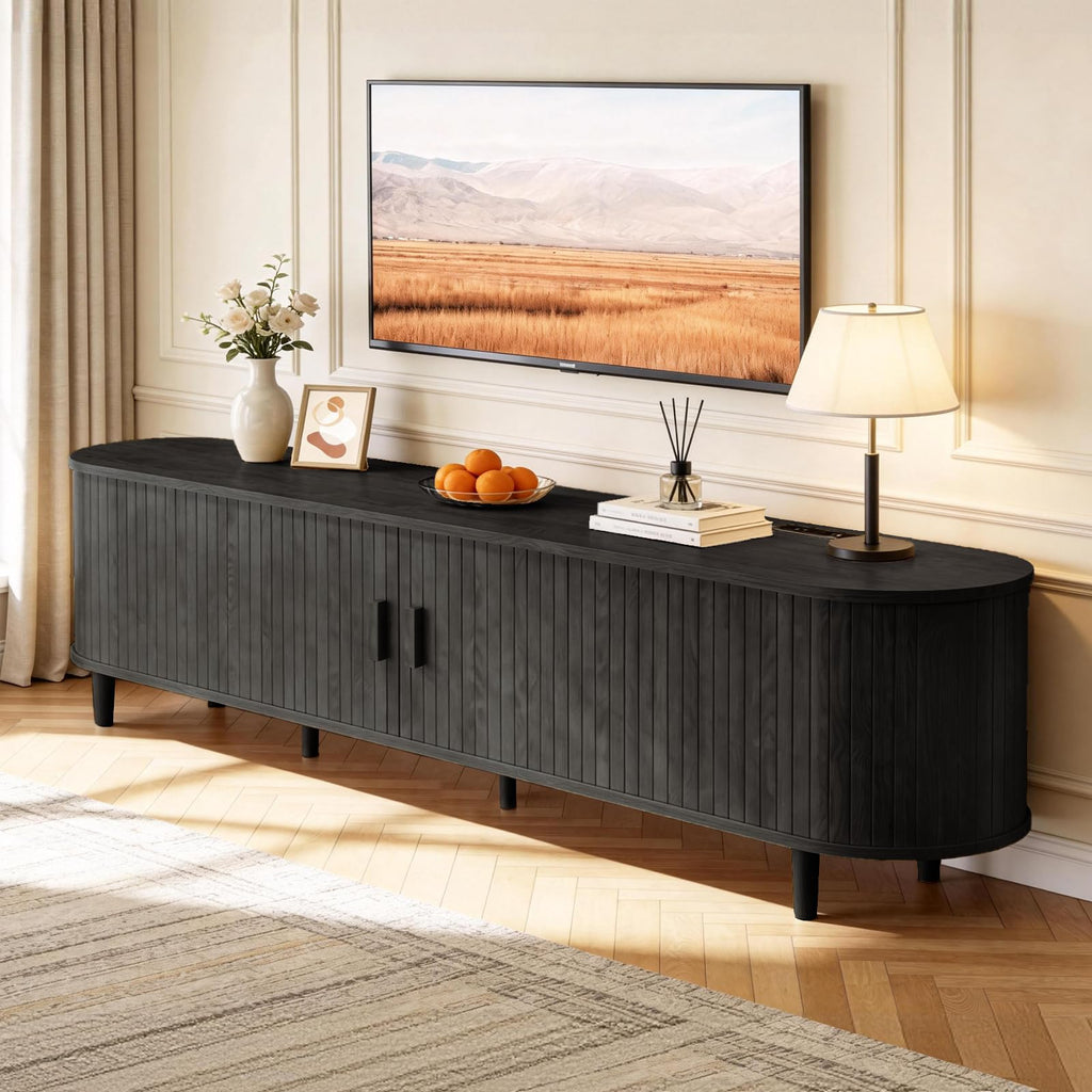 65" Mid Century Modern TV Stand with Power Outlet, Fluted Entertainment Center with Storage and Adjustable Shelves, Wood TV Console with Sliding Doors for Living Room, Walnut