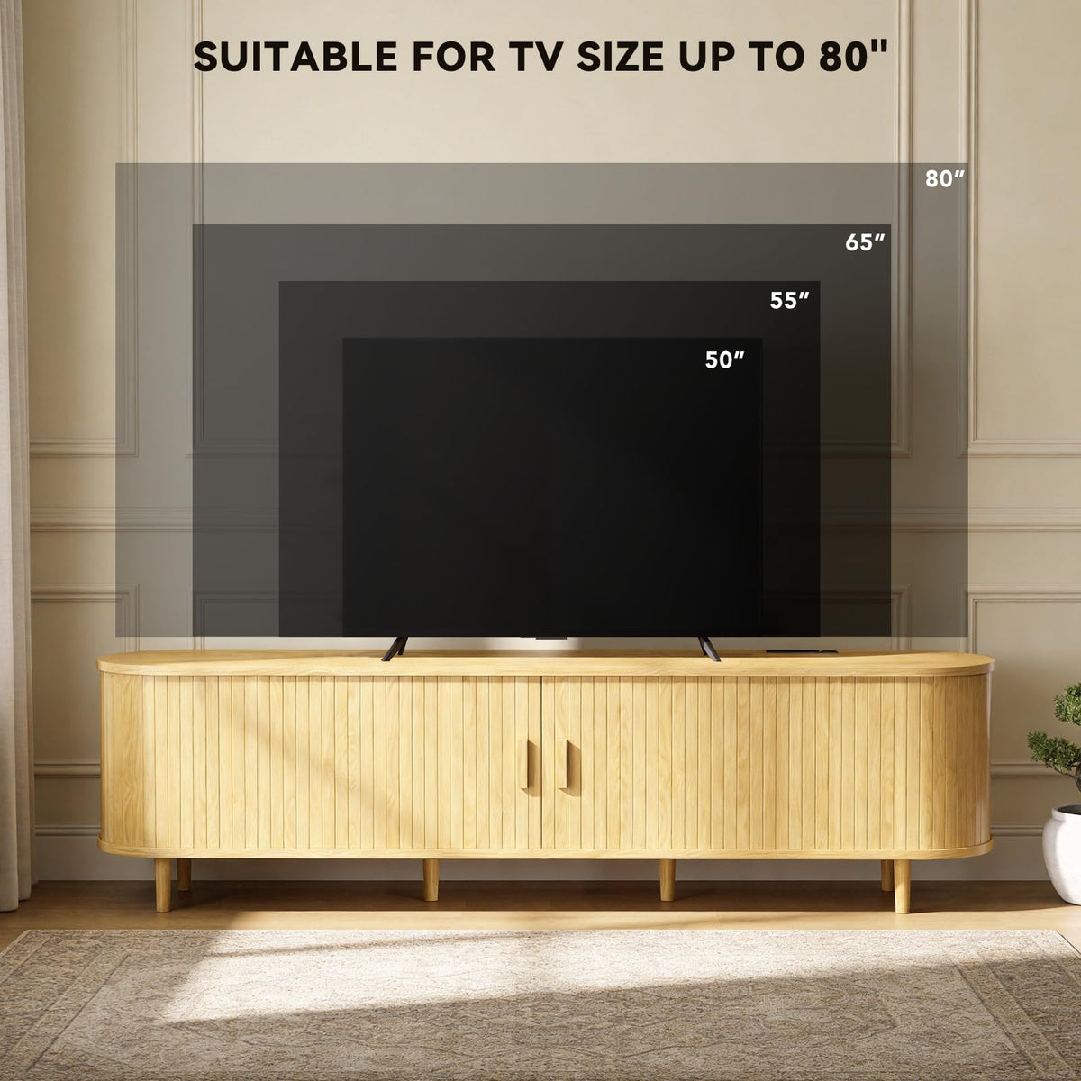65" Mid Century Modern TV Stand with Power Outlet, Fluted Entertainment Center with Storage and Adjustable Shelves, Wood TV Console with Sliding Doors for Living Room, Walnut