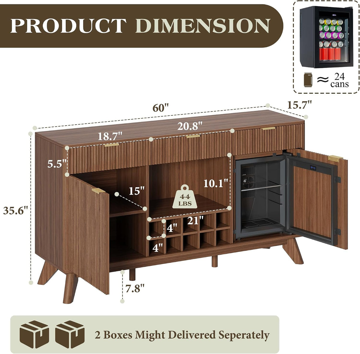 60" Wine Bar Cabinet, Coffee Bar Cabinet with Fridge, Sideboard Cabinet