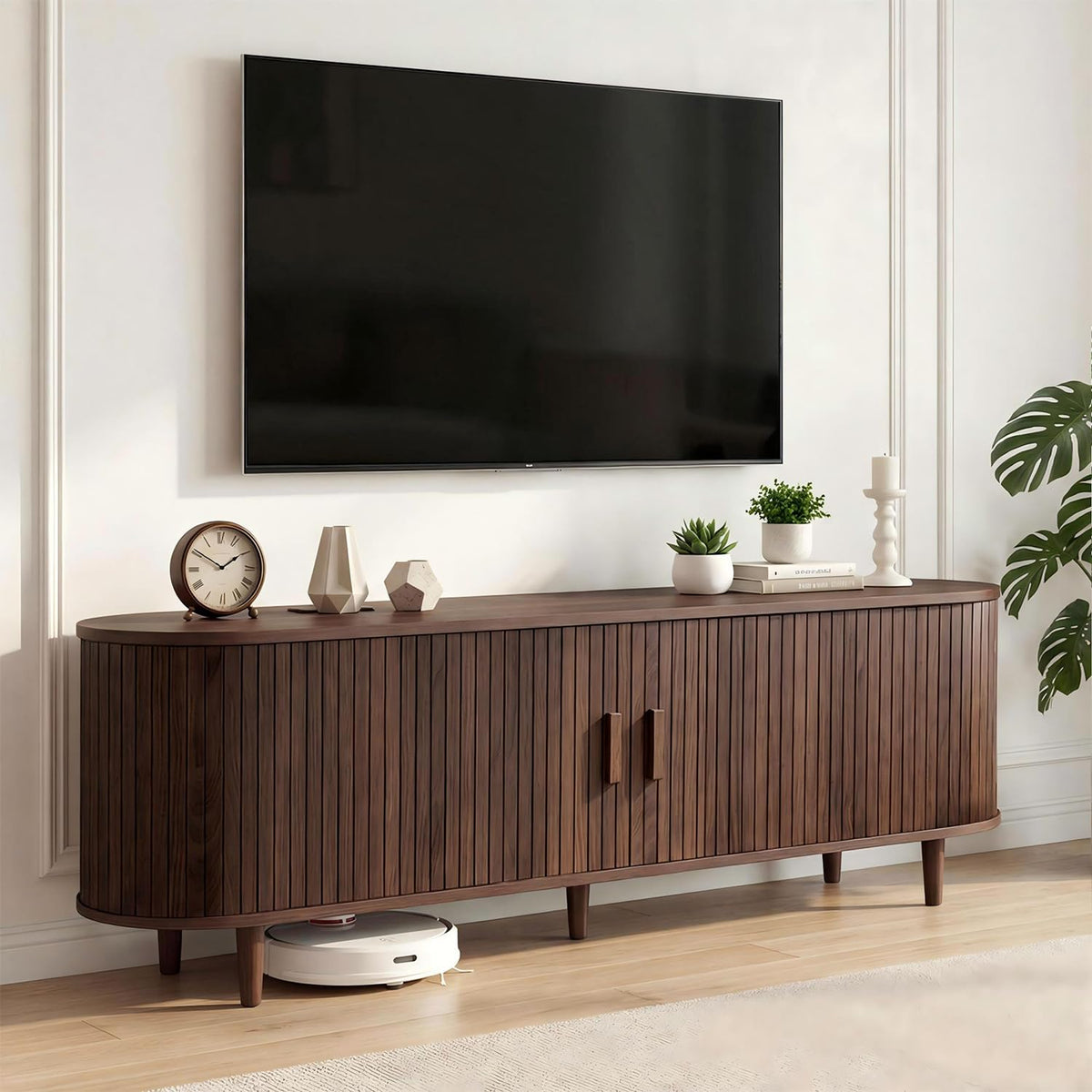 70" Mid Century Modern TV Stand, Wood TV Consoles with Sliding Doors and Power Outlet, Entertainment Center with Adjustable Shelves, Fluted TV Stands for Living Room, Walnut