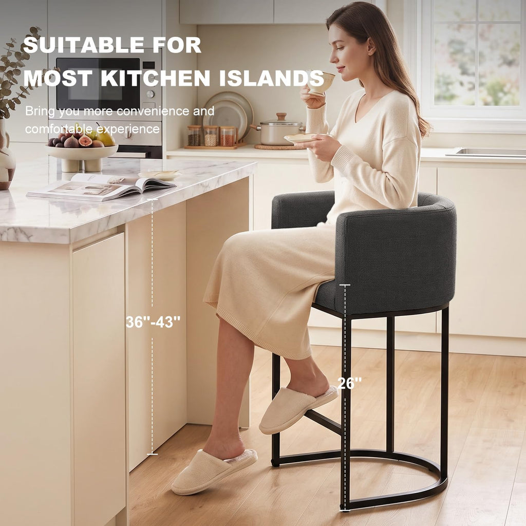 26" H Counter Height Bar Stools Set of 2, Modern Barrel Counter Stools with Backrest and Arms, Linen Fabric Upholstered Accent Barstools for Kitchen Island,Support 450 LBS (Beige)