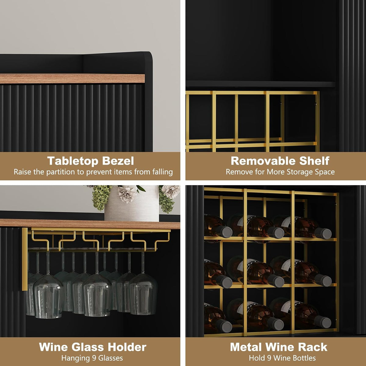 ARTPOWER 48" Wine Bar Cabinet with Fluted Texture, Buffet Sideboard, Black