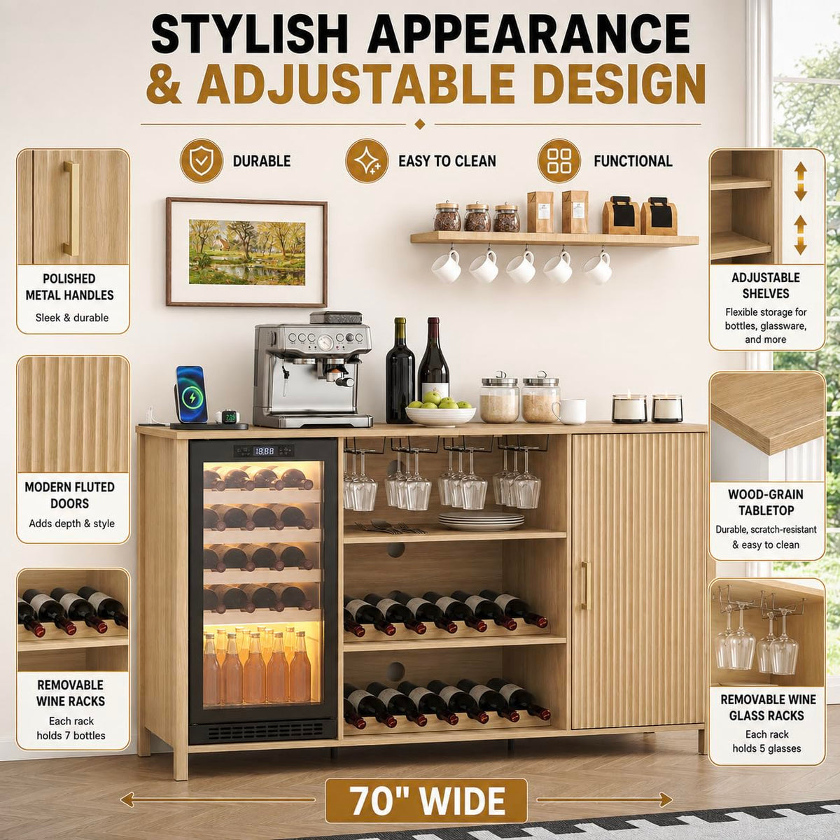 70" Large Coffee Bar Cabinet with Power Outlet, Mini Fridge Cabinet with Adjustable Shelf Wine Rack Glass Holder Liquor Wine Storage, Walnut Fluted Buffet Sideboard Table for Kitchen Dining Room