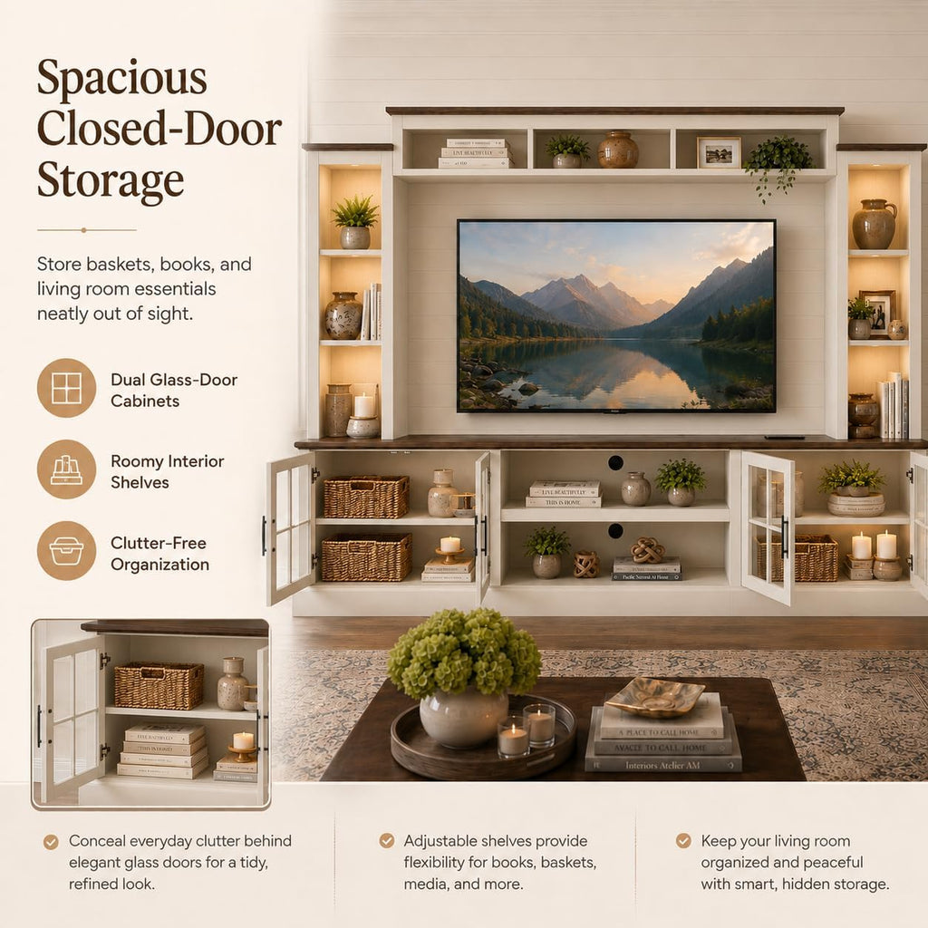 White Farmhouse TV Stand, Entertainment Center, 98" Wall Unit Media Console with Bookshelf, Cabinet & Power Outlets & Barn Doors, Fits TVs Up to 75â for Living Room