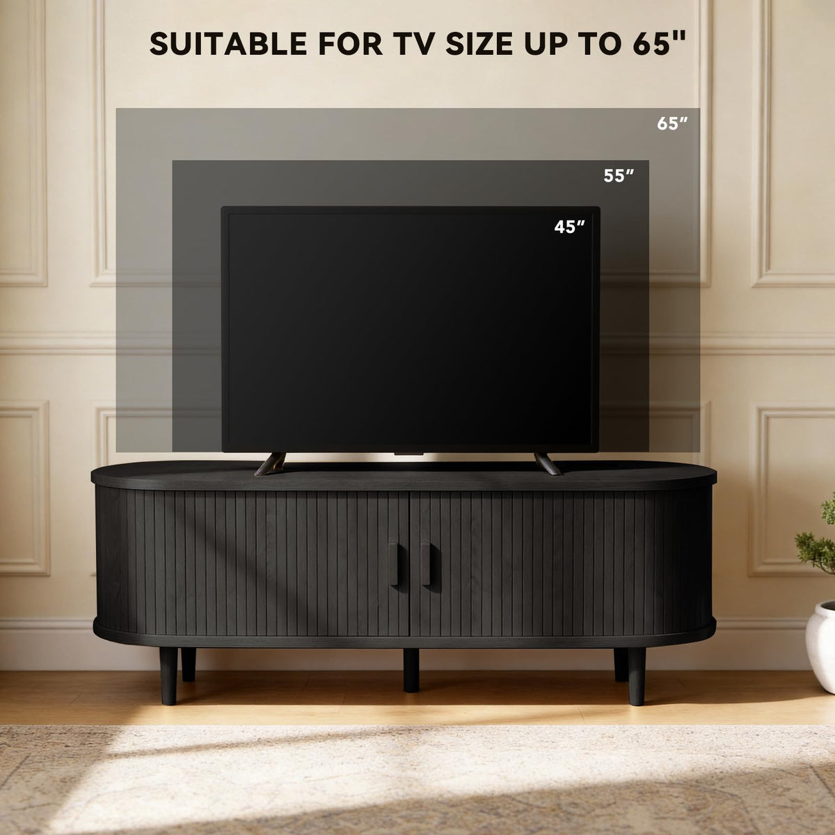 65" Mid Century Modern TV Stand with Power Outlet, Fluted Entertainment Center with Storage and Adjustable Shelves, Wood TV Console with Sliding Doors for Living Room, Walnut