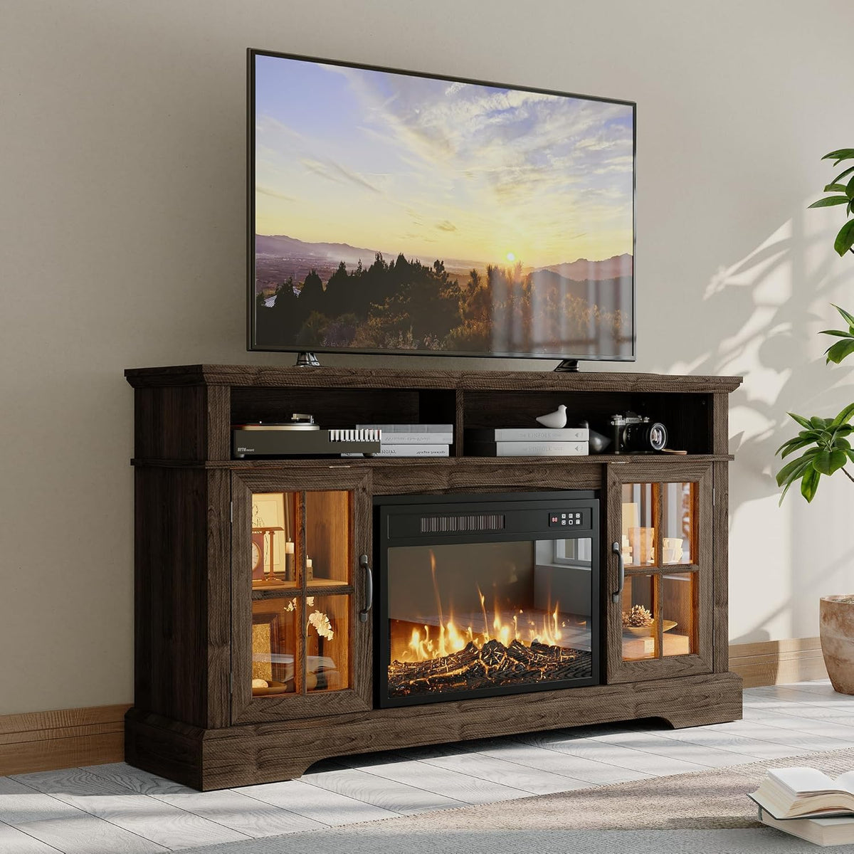70" Farmhouse Fireplace TV Stand for TVs up to 80", Entertainment Center with 36" Electric Fireplace, LED Lights and Glass-Door Storage Cabinets, Brown