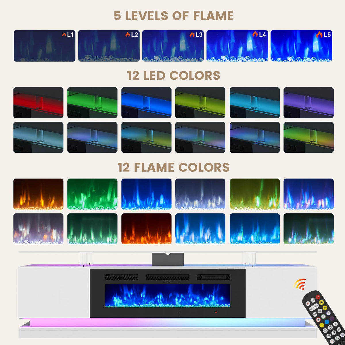 70" Fireplace TV Stand, Modern Entertainment Center