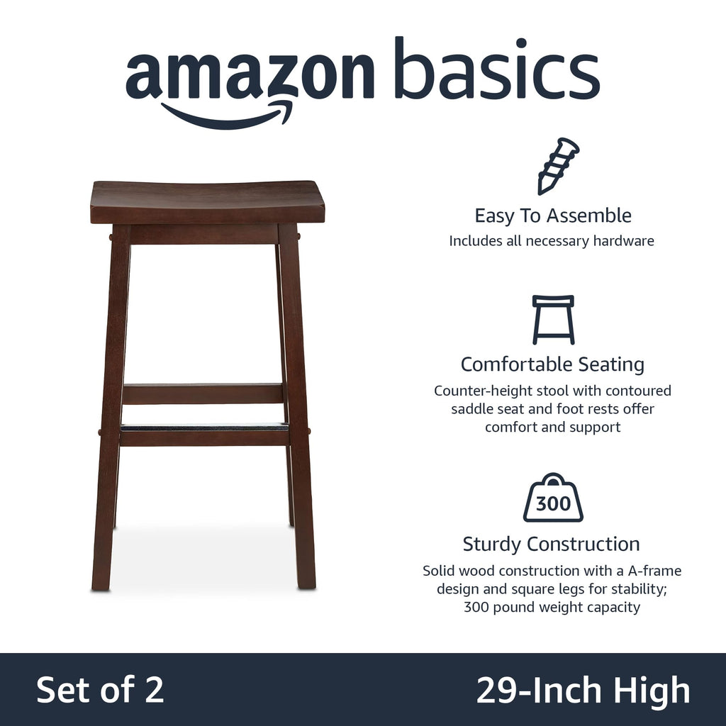 Amazon Basics Solid Wood Saddle-Seat Counter Height Bar Stools for Kitchen Island with Footrest, 24-Inch Height, Walnut, Set of 2