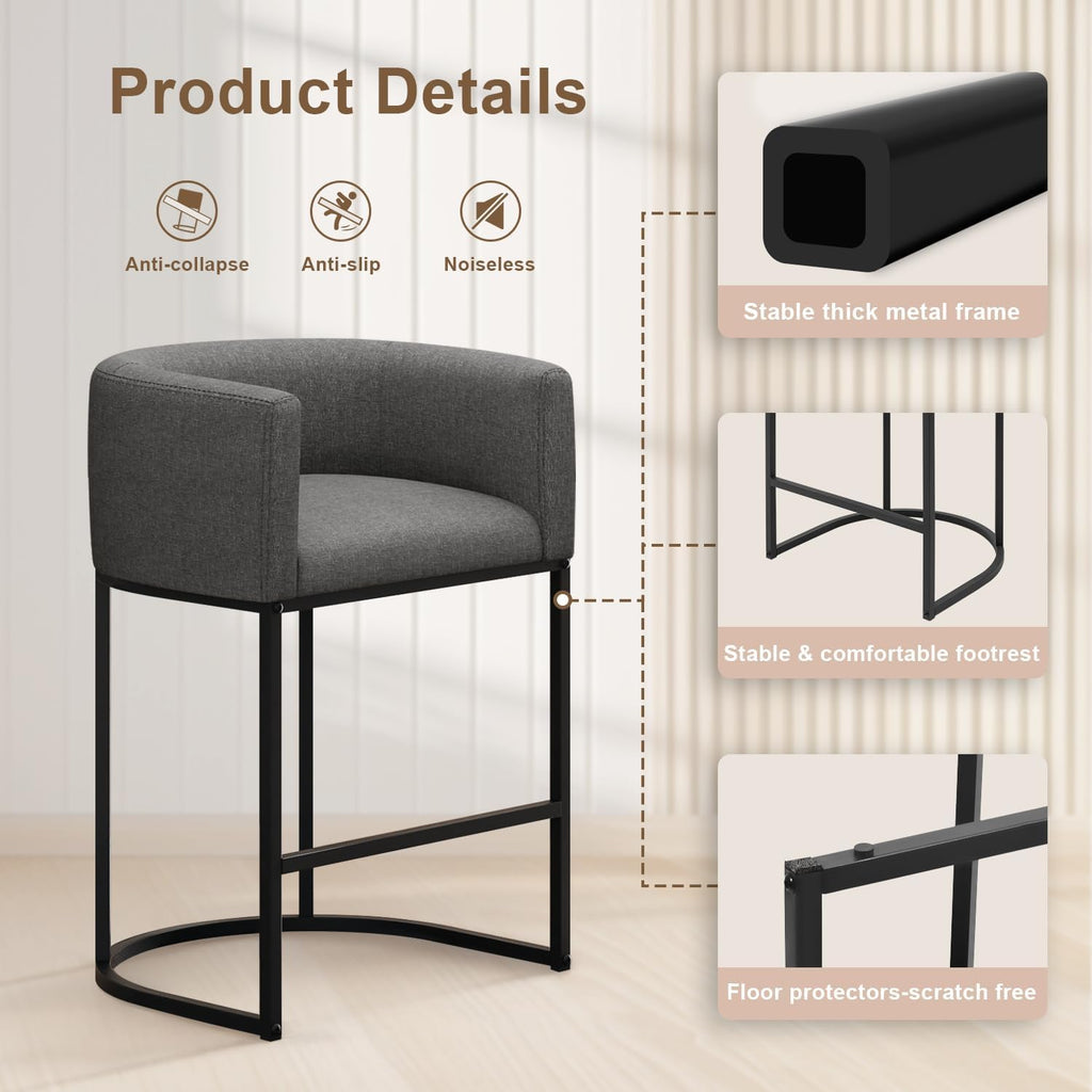 26" H Counter Height Bar Stools Set of 2, Modern Barrel Counter Stools with Backrest and Arms, Linen Fabric Upholstered Accent Barstools for Kitchen Island,Support 450 LBS (Beige)