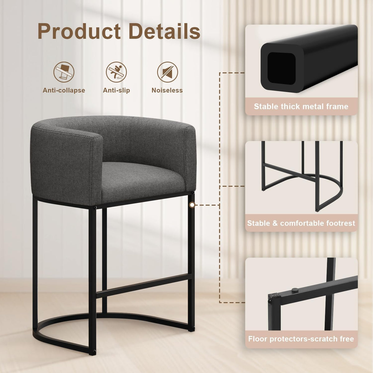 26" H Counter Height Bar Stools Set of 2, Modern Barrel Counter Stools with Backrest and Arms, Linen Fabric Upholstered Accent Barstools for Kitchen Island,Support 450 LBS (Beige)